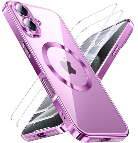 JUESHITUO 3 in 1 Hülle für iPhone 16, 1 Handyhülle mit 2 Stück Schutzfolie, [Militärstandard] [TOP N56 Starke Magnete] Stoßfest Kratzfest für Magsafe Case mit Kameraschutz, Pink