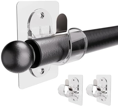 BelleVive Lot de 2 supports de tringle à rideau sans perçage, crochets auto-adhésifs, réglables, sans clous, crochets robustes à coller (transparents)