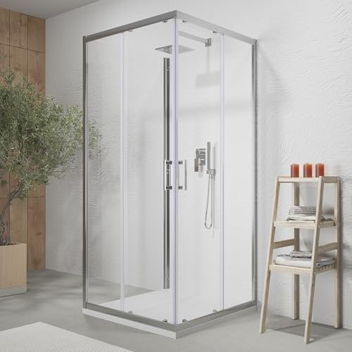 Box doccia cromato 3 lati 80x120x80 cm con doppio scorrevole h190 cm e Vetro Temperato Trasparente 6 MM Profili Alluminio Cromato Modello Tremiti