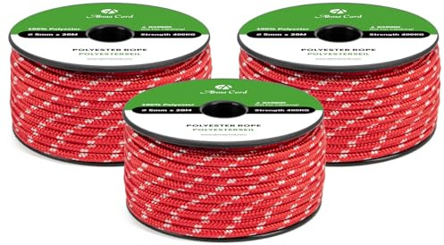 Abma Cord Polyesterseil 5mm x 20m Seil Geflochtene Schnur Reißfest für Outdoor, Boot, Festmacher, Zelt, Garten - Rot/Weiß