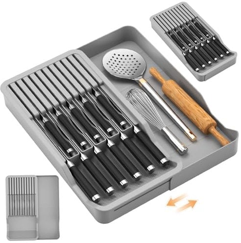 Knife Drawer Organizer Insert, Knife Holder Holds 11 Knives, Space-Saving Storage with Expandable Cutlery Tray, Non Slip in Drawer Block