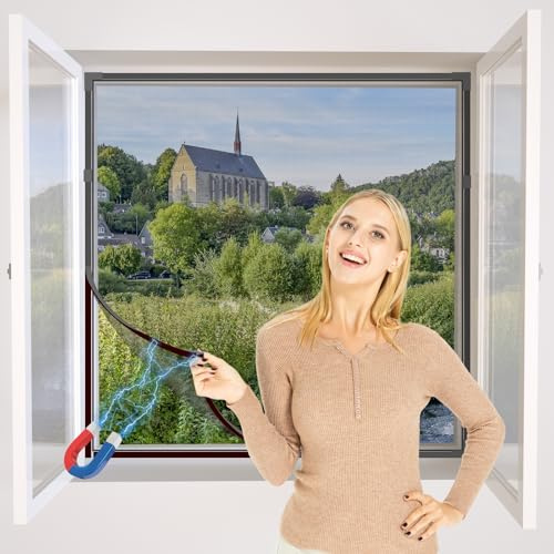 NeatiEase DIY Insektenschutz Magnetfenster,Max 100 x 130 CM,Magnet Rahmen für Fliegengitter Fenster Mückengitter,Fliegenschutz Insektenschutzgewebe Zuschneidbar(Graue Rahmen Schwarz Netz)