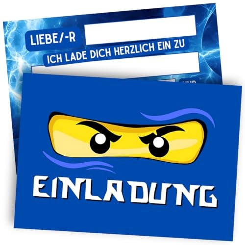 ZETTMANN® 12 Premium Einladungskarten Kindergeburtstag Junge - Karten Set mit Ninja Motiv - Einladungskarten Geburtstag - hochwertige Einladungskarten (Blauer Ninja)