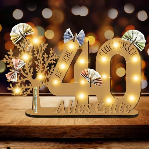 Idota 40 Geburtstag Männer Fraun Deko Geldbaum Geschenk, Lebensbaum | Mit Led, Holz-Schild Gästebuch Geldgeschenke, Personalisierte Geburtstag Geschenk