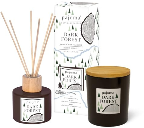 pajoma® Raumduft & Duftkerze Set Dark Forest Raumduft Diffuser 100 ml & Kerze 140 g im Glas mit Holzdeckel | Geschenkset mit fruchtigen Noten von Birne, Rose & Amber | Luxus-Deko für Zuhause