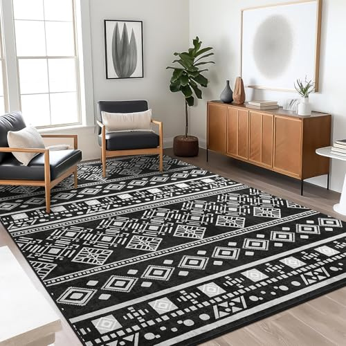 XSIVOD Kurzflor Teppich 120x160 cm Schwarz, Boho Waschbarer Teppich | Rutschfester Wohnzimmerteppich im Boho Vintage Design, geeignet für Schlafzimmer, Küche, Esszimmer und Büro