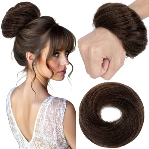 S-noilite Echthaar Dutt - Scrunchies für Glatt Haar für Frauen, Elastisches Haarteil mit Gummiband,Dutt Haarteil Haargummi Mit Haaren 30g #2R Dunkelbraun