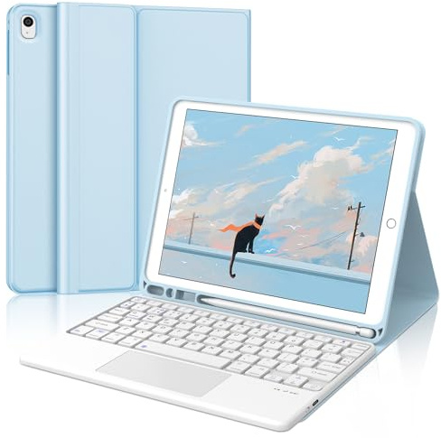 Keyboard Case with Trackpad for iPad 10.2 Inch 9th/8th/7th Generation, Wireless Detachable Bluetooth Keyboard with Touchpad, Slim Cover with Pencil Holder for iPad 10.2/Air 3/Pro 10.5, Sky Blue
