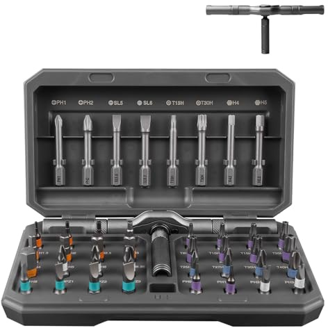 Jeu de tournevis magnétiques 42 en 1 - Tournevis de précision avec poignée à cliquet et étui de rangement - Pour ordinateur, lunettes, montres, smartphone, meubles - Bricolage