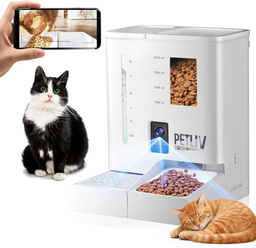 PETLIV Automatic Cat Feeder with 2K HD Night Vision Camera | 2.4G & 5G WiFi App Control, 5L Dry Food & 4L Water Dispenser, Two Way Audio Dual Power Feeder for Cats
