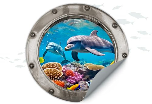 Finest Folia 3D Wandtattoo Bullauge Wandsticker Unterwasserwelt Deko Aufkleber für Badezimmer Dusche Toilette Kinderzimmer Wandaufkleber selbstklebend W014 (06 Delfine Silber, 60cm)