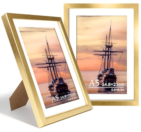 FOSER Bilderrahmen A5, 2 Stück, Versatile Neuer Bilderrahmen Gold, für Wand und Tisch, mit Wandhaken und Halterungen (Gold, A5(14.8x21cm) / 2x)