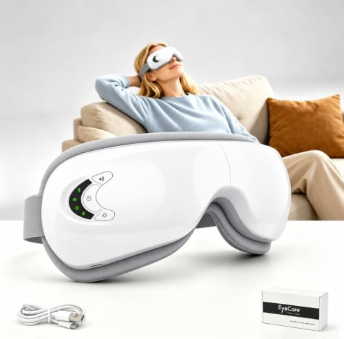 KIRJAUDU Appareil de massage oculaire avec chaleur et vibrations | Masque électrique 5 modes, réglage température volume, idéal cadeau anniversaire yeux