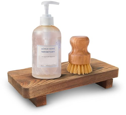 Wooden Bathroom Counter Tray for Home Decor, Wood Riser for Countertop | Farmhouse Small Soap Pedestal Stand, Decorative Trays for Kitchen Sink, Vanity, Brown