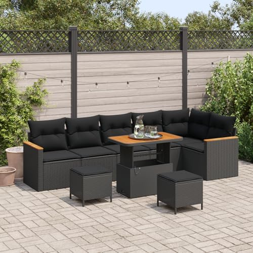 IBUQDDV 9-teiliges Garten-Sofa-Set mit Kissen Schwarz Poly-Rattan Akazie Eckcouch und Zentrumstisch für Terrasse Dieses 9-teilige Garten-Sofa-Set in schickem Schwarz mit braunen