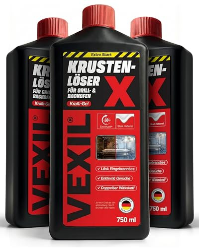 VEXIL Backofenreiniger EXTRA STARK – Doppelter Wirkstoff gegen Eingebranntes – hochkonzentriertes Haftgel – Grillreiniger & Fettlöser – für Backofen, Grill & Herdplatten – 3x 750 ml – Made in Germany