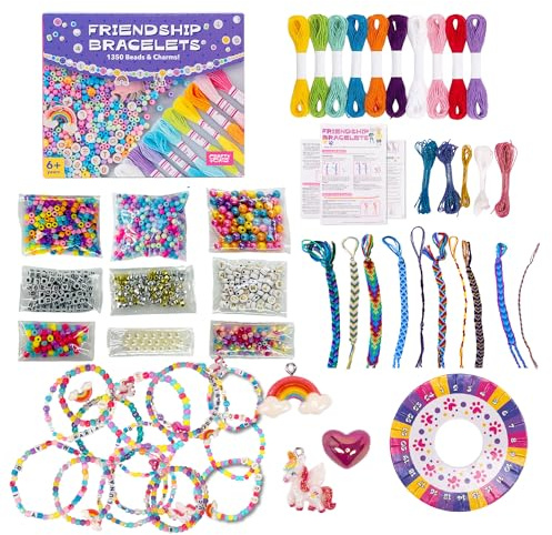 CRAFTY CATS Kit Braccialetti dell’Amicizia 2 in 1, 1350 Perline e Charms, Disco per Intreccio (Loom), 10 Fili x 8 m, Cordini Elastici, Perline con Lettere, per Bambini 6+