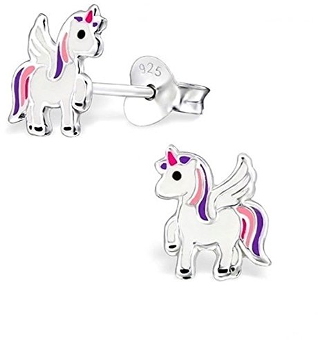Einhorn mit Flügel Ohrstecker 925 Echt Silber Pferd Kinder Mädchen Ohrringe Pegasus
