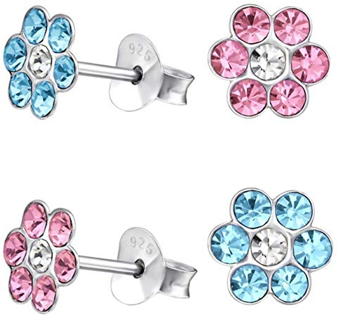 Kristall Blume Ohrstecker 925 Echt Silber Ohrringe Kinder Mädchen Geschenkidee (1) 2 Paar Blau + Rosa)