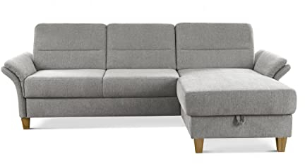 CAVADORE Ecksofa Wyk mit Federkern / Schlafsofa im Landhaus-Stil mit Longchair, Bett, Bettkasten + Armteilfunktion / 252 x 90 x 162 / Chenille, Hellgrau