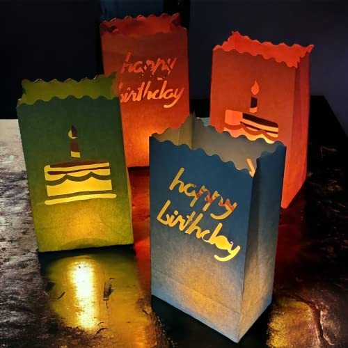 Lichtertüten Papierlaterne - 12er Set - 26 x 15 x 9cm - birthday bunt - Wiederverwendbar Lichttüten - Tischdeko Geburtstag Candle Bags für Birthday Party - Teelichter LED Kerzen Kerzentüten