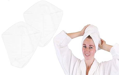 Betz Frottee Turban Berlin – 2er Set Haarturban aus 100% Baumwolle – Turban Handtuch mit Knopfverschluss – Kopfhandtuch für Damen, ideal für Bad & Wellness Farbe weiß