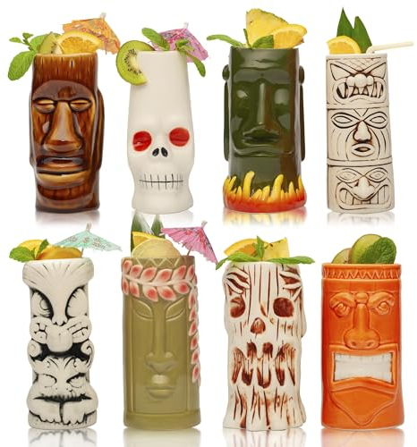 LEMONSODA - Set di 8 bicchieri tiki hawaiani in ceramica – Bicchieri tiki tropicali per cocktail, barware e decorazione Luau