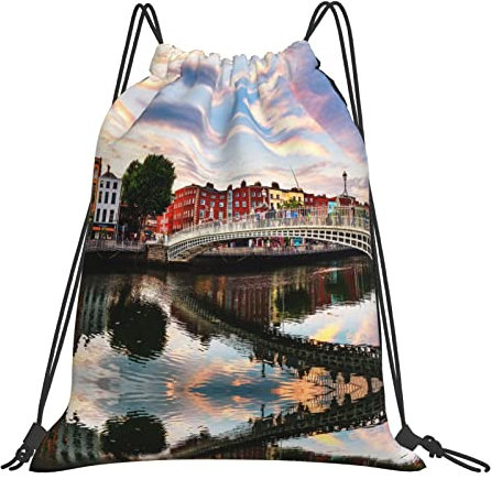 KIROJA Rucksack mit Kordelzug, Motiv: Wolken und Palmen, Strände, verstellbar, leicht, Sporttasche, Tanz, String-Tasche, Strand, Sport, Tagesrucksack, Dublin Irland Ha Penny Bridge River, One size