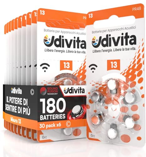 180 Pile Per Apparecchi Acustici Udivita Misura 13 Batterie Zinco Aria - 30 Blister da 6 Pile