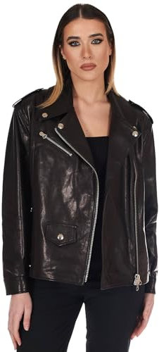 D'Arienzo Chiodo in Pelle Nera Donna Giacca Oversize Vintage Biker Giubbotto Moto Vera Pelle Made in Italy Camy M-L/Nero