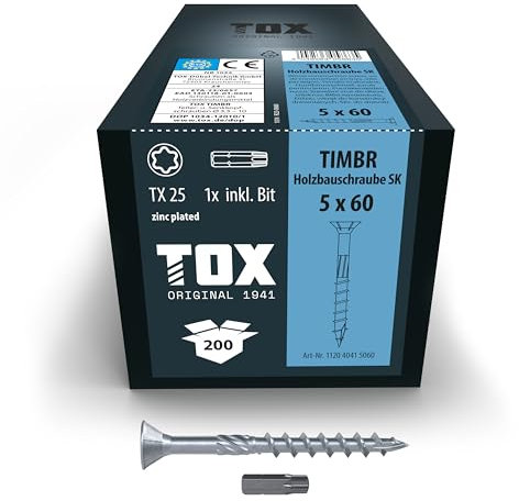 TOX Holzbauschrauben TIMBR SK 5,0 x 60 mm, blau verzinkt mit Senkkopf, TX25, Schrauben für leichtes Eindrehen und bündige Montagen im Holzbau, 200 Stück im Karton, inkl. 1x Bit, 112040415060