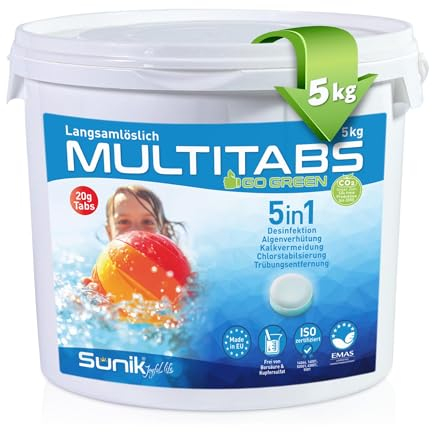 Sunik® Chlor Multitabs 5 in 1-20g Langzeit Chlortabletten - Go-Green - 5 Phasen Reinigung Pool Chlortabletten mit EU Premium Qualität - ideal für mittelgroße Pools 10m³ bis 30m³