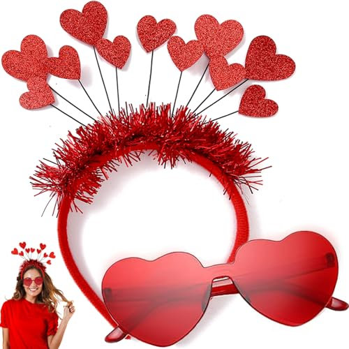 Herz Haarreif Rot Herz Sonnenbrille Herzform Karneval Amor Kostüm Accessoires Damen, Glitzer Amor Haarreif + Herzbrille Rot, Fasching Brille Herzhaarreif Haarband für Valentinstag Geburtstag Party