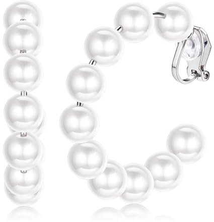 Kakonia Clip Ohrringe,Hypoallergen Ohrclips Damen Ohne Ohrlöcher für Damen Mädchen Perlen Klipp Ohrringe Ohne Ohrloch Silber Lange Tropfen Ohrclips Damen Fake Perlenohrringe Hochzeitsohrringe,Hoop