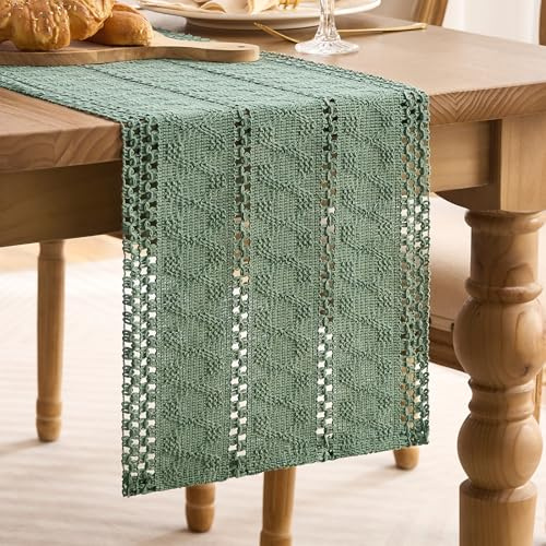 Tischläufer Grün Boho Deko Salbeigrün Moderner Makramee Tischläufer Frühling Herbst Ländlich Table Runner Böhmen Tischdecke für Feiertagsparty, Hochzeit, Geburtstag, Küchentisch Dekor 30 x 140 cm