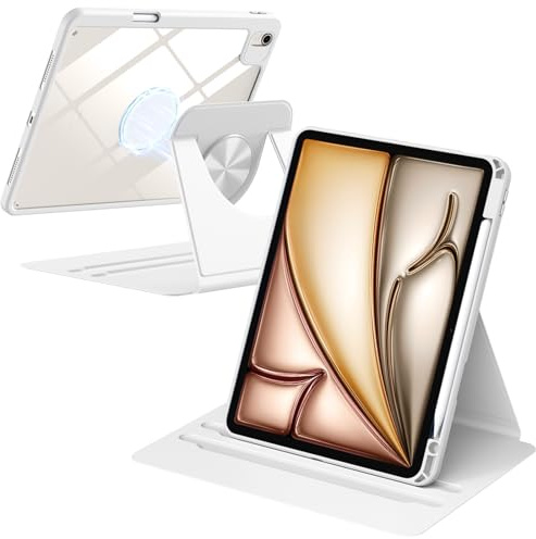 drivego 360° drehbare für iPad Air 11 Zoll Hülle M4/M3/M2, Air 5./4. Generation 10,9″, iPad Pro 11 Zoll (2022/2021/2020/2018), Abnehmbare Magnetische PC Transparent Rückseite mit Stifthalter, Weiß