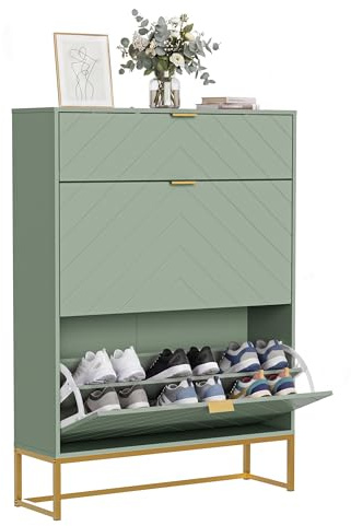 UEV Schuhschrank mit 3 Klappen schmal, 80x24x122cm Schuhkipper (Grün) | Schuhablage Platzsparend mit Kippschutz & Trennwand verstellbar für Wohnzimmer Flur, Schuhkommode Schuhregal