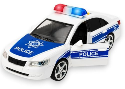 KORAT Macchina Polizia Giocattolo Bambini 3 Anni con Luci e Suoni Realistici, Auto Polizia a Frizione Scala 1:16 con Porte Apribili, Sirene Lampeggianti Blu e Rosse, Macchinina Polizia Sicura