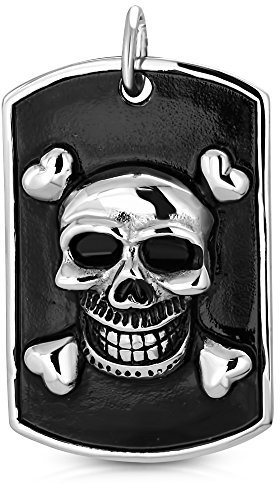 BlackAmazement 316L Edelstahl Anhänger Dog Tag Totenkopf Skull Crossbones Pirat Halskette Kette Silber schwarz Biker Gothik Damen Herren (Anhänger mit Kette)