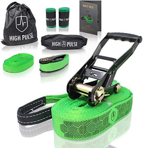 High Pulse® Slackline Set | 15 m – Komplettes Slackline-Set (12,5 m Band + 2,5 m Ratschenband) mit Ratsche, Ratschenschutz, Hilfsline, Balancierhilfe, Baumschutz und Transportbeutel