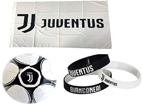 Giemme Kit Tifoso Juventus - Pallone da Calcio di Cuoio Juventus + Bandiera Ufficiale 135x95 cm Bianconero per Eventi Sportivi (Outdoor)