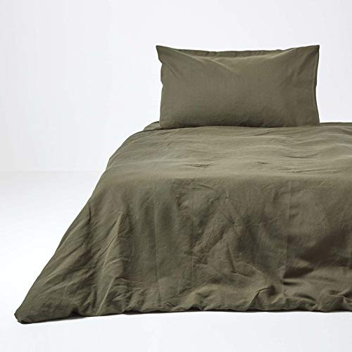 HOMESCAPES Soft Linen Duvet Cover Set Plain Dark Green Textured Bedding Continental French Flax Fibre Linen & Pure 100% Cotton Blend Khaki Duvet Cover & Pillowcases, Euro Size 150 x 200 cm