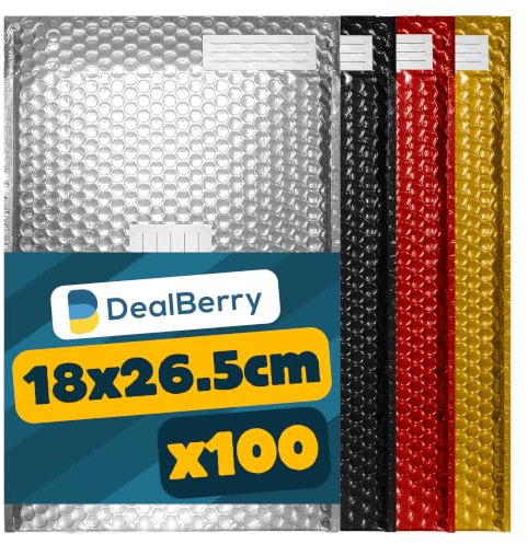 100 Pack Padded Bubble Envelopes | Bubble Wrap Envelope | Packaging Poly Bags | Bubble Shipping Mailer | Metallic Shipping Envelopes | Address & Return Box | Assorted Colours | Size D | 200x265mm