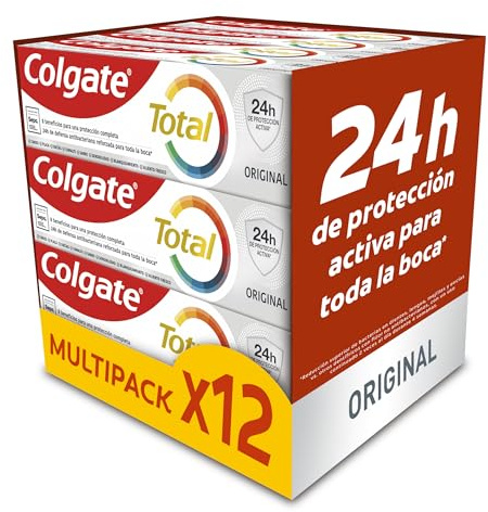 Colgate Total Original Zahnpasta, Packung mit 12 Stück x 75 ml, Zahnpasta mit 24H verstärkter antibakterieller Abwehr für den Mund*, antibakterielle Technologie mit Doppel-Zink