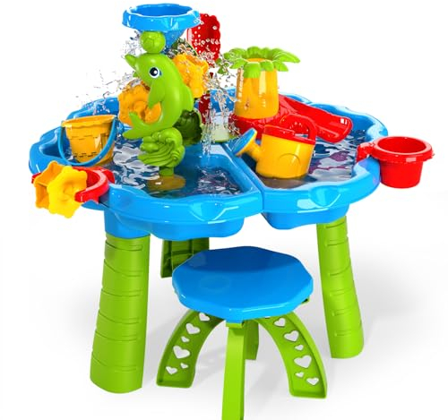 TEMI 3-in-1 Sand Water Table for Children, 28PCS Beach Summer Toys Sandbox Table for Outdoor Activity, Sensory Play Table with Water Wheels, Sand Molds, Bucket, Shovel for Toddler Kids Boys Girls