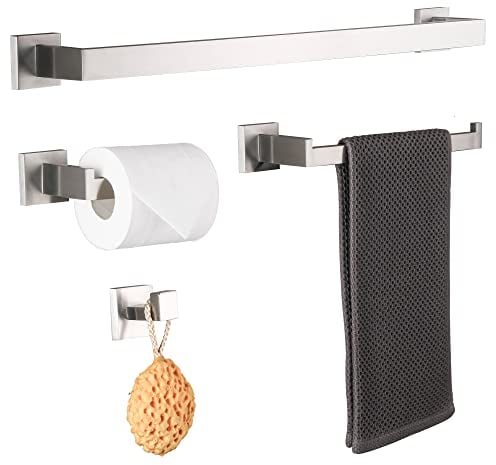 DUFU Handtuchhalter 4-teiliges mit Badetuchstange 60cm Handtuchstange Toilettenpapierhalter Robe Haken Wandhalterung Edelstah SUS304 Gebürstetes Silber