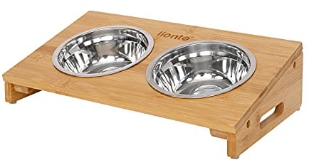 lionto Gamelle surélevée pour Chien en Bambou, 35x20x10 cm, Double écuelle pour Chiens et Chats avec 2 Bols INOX Ø 14 cm, 250 ML chacun, Passe au Lave-Vaisselle, antidérapante