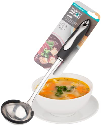 Stainless Steel Ladle Spoon Nylon Rim - Dishwasher Safe. Steel Core for Strength. Food Safe Non-Scratch Nylon Edging with Large Metal Hanging Hole. Black Soft Grip Rubber Handles. 5 Year Guarantee.