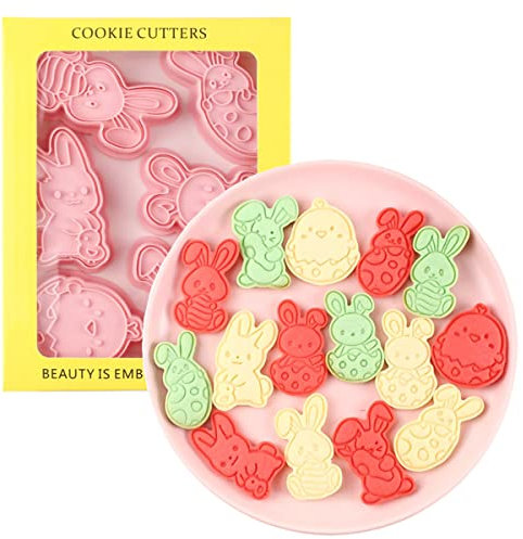 MayeBridge 6 Stück niedliche Osterhasen-Plätzchenformen – Kunststoff, flach, Keksstempel – Rosa