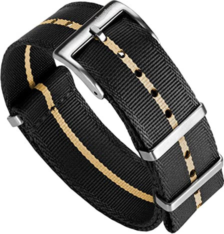 WatchGecko Schweizer Qualität Signature Military Nylon Uhrenarmband. Nylon-Herren-Ersatzarmband. Robustes, schnell trocknendes und sicheres Uhrenarmband für Outdoor-Aktivitäten. Schwarz & Beige, 20 mm